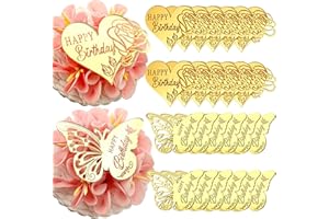 AIQI BAKES Happy Birthday Cake Decorations, 24 Pieces Gold Mirror Acrylic Toppers, Rose Heart and Butterfly Designs
