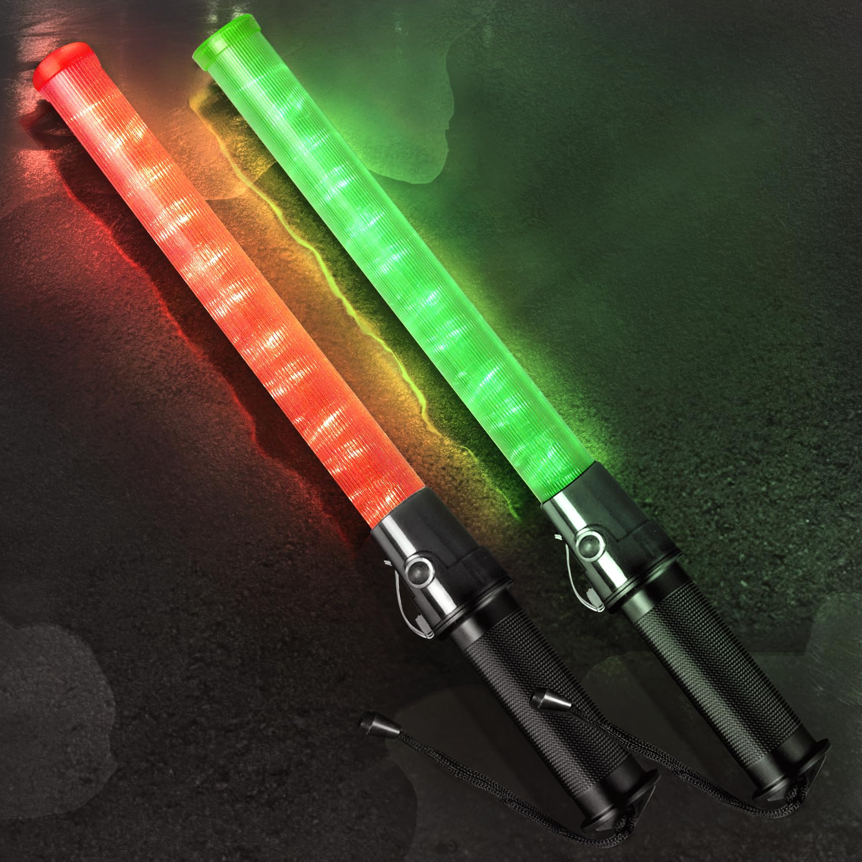 Photo 1 of Traffic Wand, 21 Inch LED Traffic Control Wand with 2 Flashing Modes, Traffic Safety Baton with Side Clip for Traffic Control, Parking, Aircraft, Car Directing(Red&Green, 2 Pack)