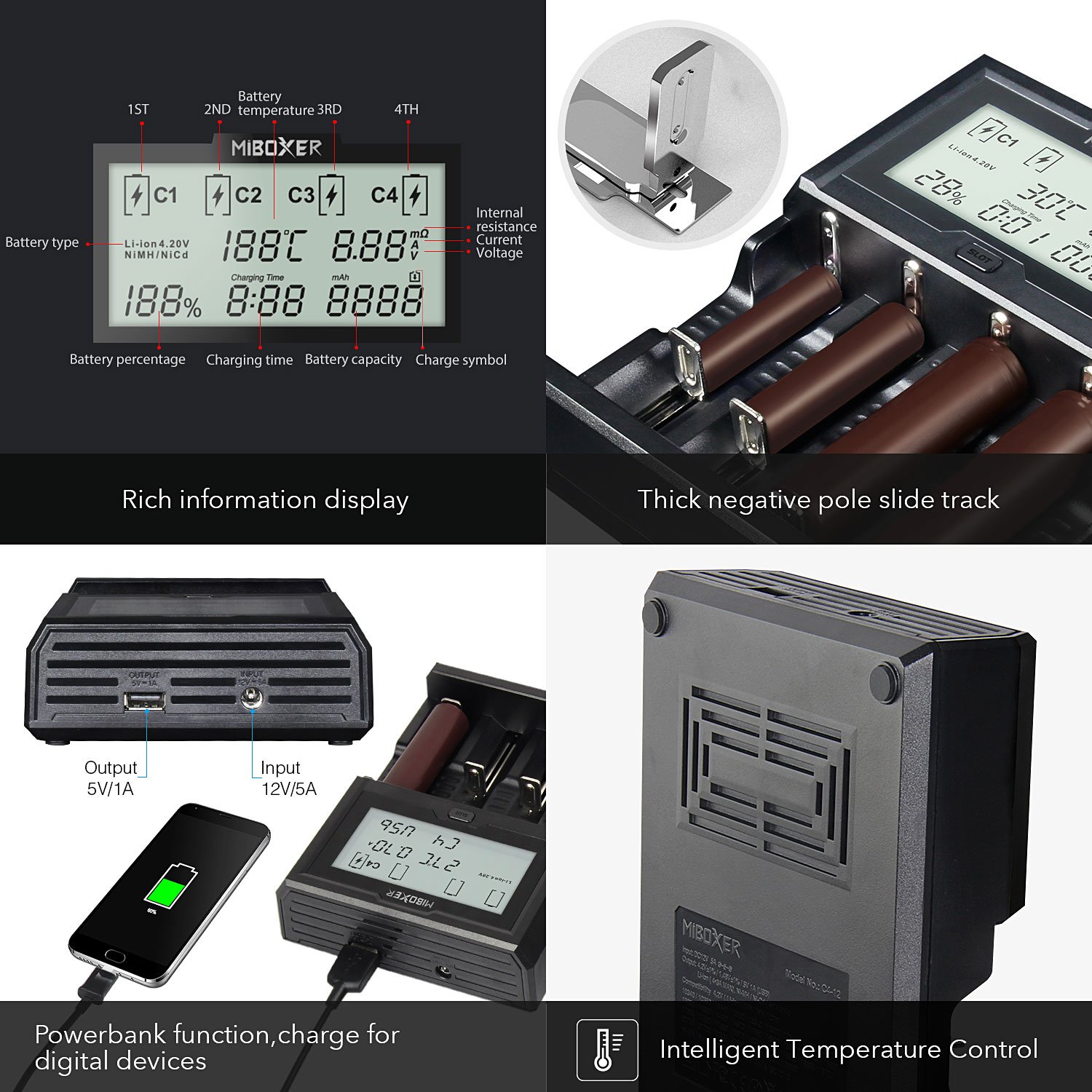 Miboxer C4-12 Smart Battery 18650 265650 Charger 4-Slot LCD Screen 3.0A/slot total 12A simultaneously for Li-ion/IMR/INR/ICR/Ni-MH/Ni-Cd rechargeable batteries