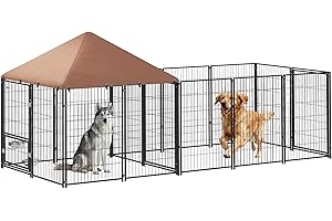 PawHut Outdoor Dog Kennel, Dog Run Outdoor with Rotating and Adjustable Height Bowls, Waterproof UV-Resistant Cover, Secure L