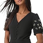 Karl Lagerfeld Paris Womens Embellished Puff Sleeve V-Neck Dress