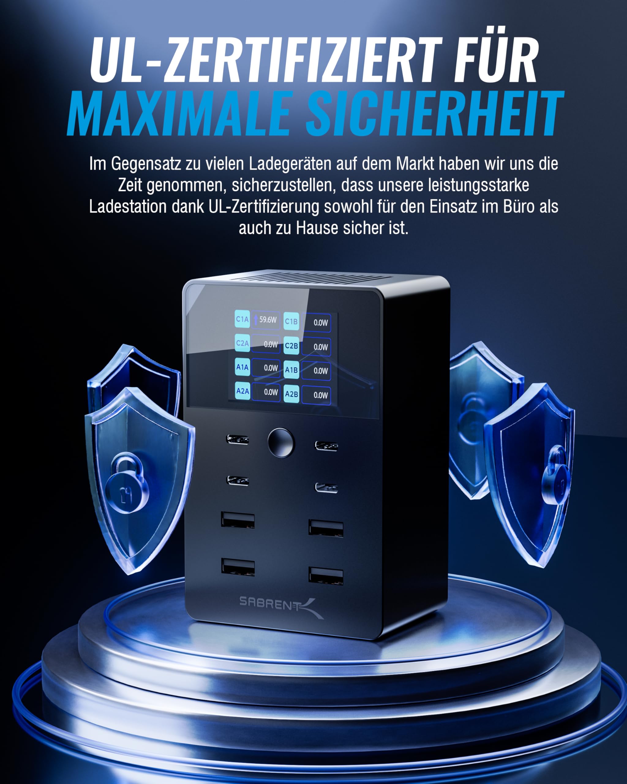 SABRENT USB Ladestation 252W 8-Port PD 3.0 mit LCD Display - GaN Charger Ladegerät - Schnelle Charging Station für USB-C & USB-A Geräte, Laptops, Smartphones - PPS, Überladungsschutz (AX-8PTC) 5