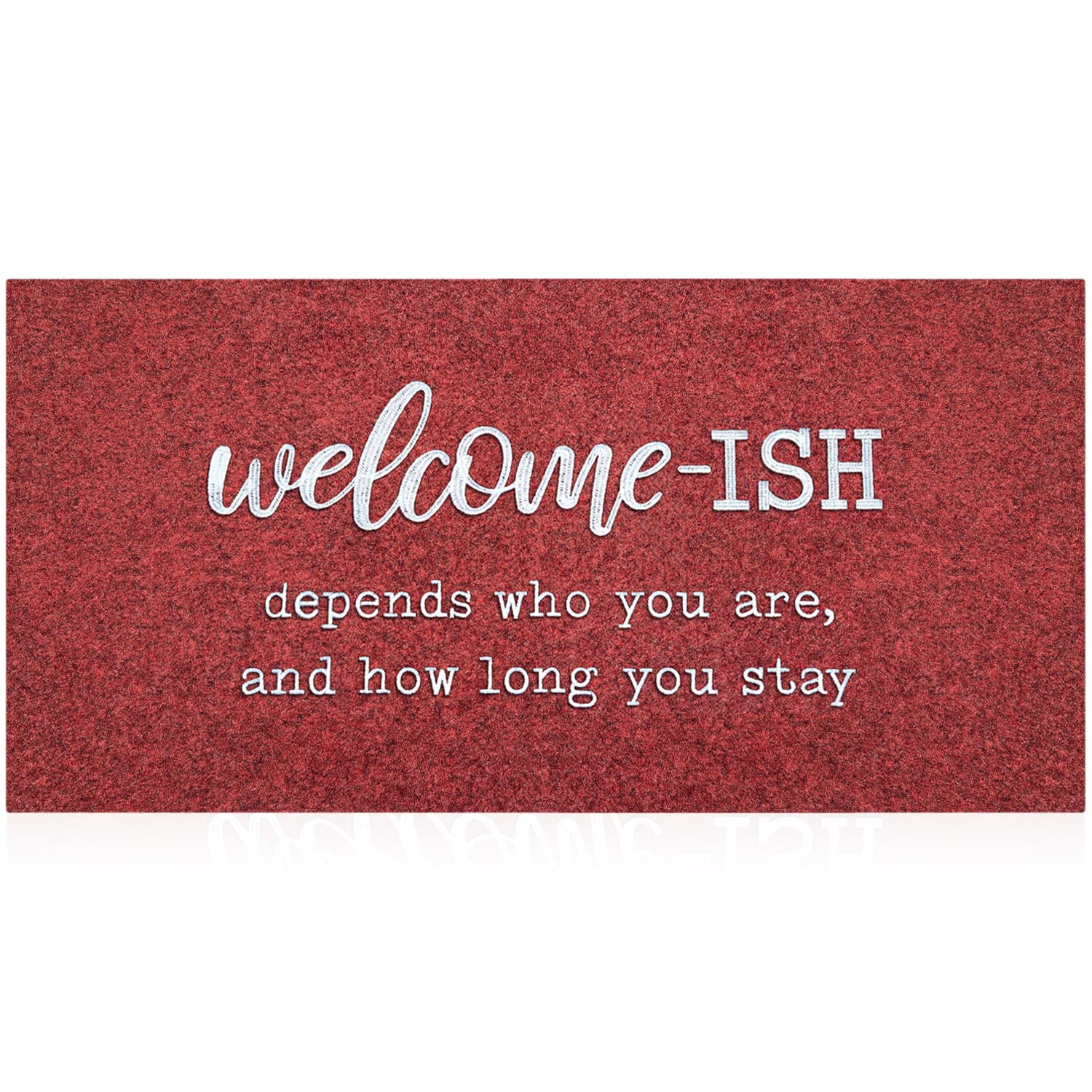 JJUUYOU Large Welcome Mat Low Profile Floor Mat Front Doormat, Indoor Mats Welcome-ish Indoor Outdoor Door Non Slip Absorbent Resist Dirt Entrance Doormats for Entryway Patio, Wine Red