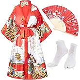 Long Kimono Satin Printed Lightweight Cardigan Jacket Coat Yukata Cloak Bathrobe Tops fans Tabi socks set