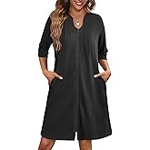 Ekouaer Zipper Robes for Women 3/4 Sleeve Waffle Knit Bathrobe Lightweight Short Housecoat with Pockets Soft Loungewear