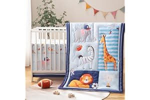 TCOYIWL 4 Piece Crib Bedding Set for Baby Boys Girls, Infant Toddler Nursery Baby Bedding Sets Includes Cartoon Quilt, Fitted Crib Sheet, Crib Skirt and Plush Football Toy (MVP)