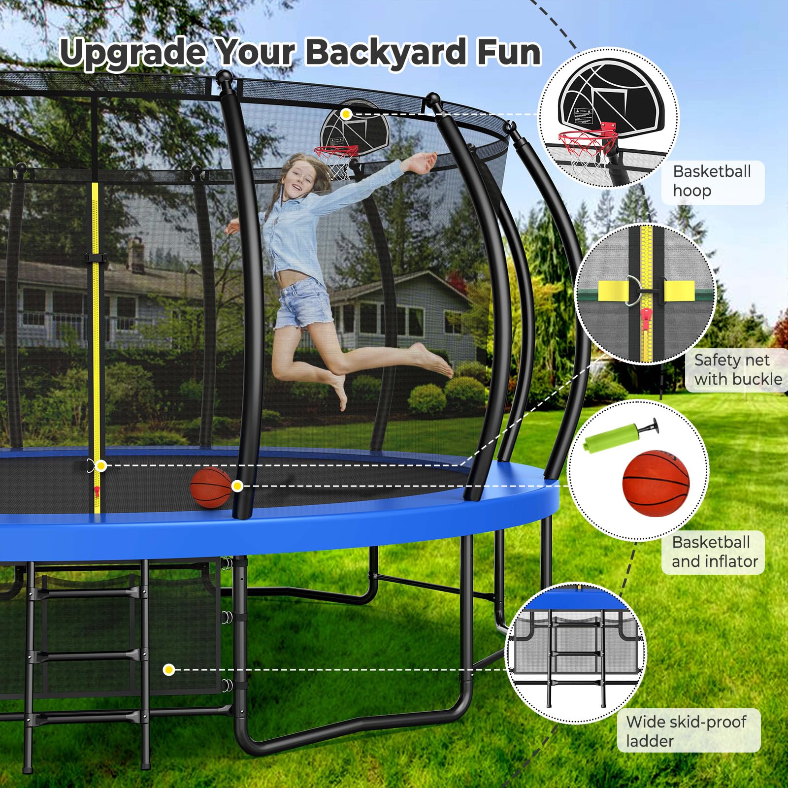 Lyromix Large Outdoor Trampoline with Basketball Hoop, 10-16FT with Lights for Kids and Adults, Recreational Trampoline with Sprinkler and Stakes