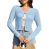 QIANSIQIANBO Women's Shrug Cardigan Sweaters Tie Front Cropped Cardigan Striped Knit Long Sleeve Open Front Crop Tops