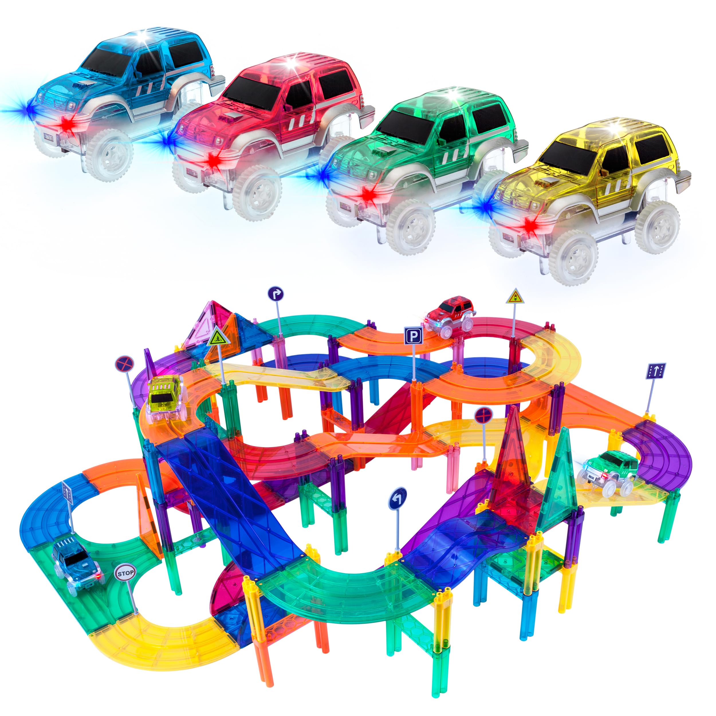 PicassoTiles 150 Piece Race Car Track Building Block Educational Toy Set Magnet Tile Magnetic Blocks Playset 4 Cars Early STEM Learning Construction Kit Hand-Eye Fine Motor Skill Brain Training PTR150