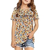 storeofbaby Girls Shirts Casual Short Sleeve Tops Round Neck Ruffle Flowy Tunic Blouses 5-14 Years