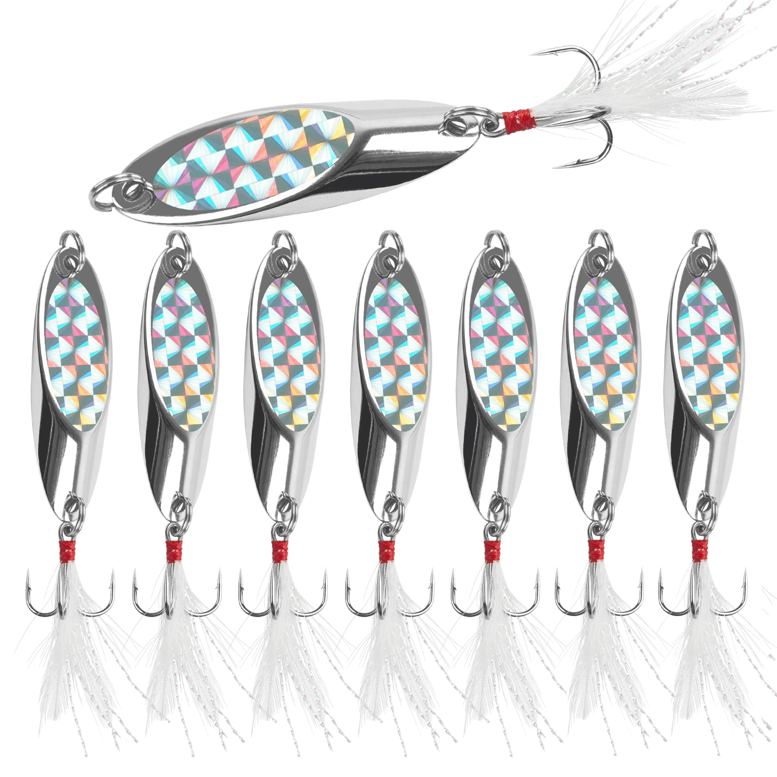 Fishing Spoons Lures, 8pcs Metal Spoon Fishing Lures with Feathered Treble Hooks 7g-40g Jigging Spoons Bait for Bass Trout Pike Walleye Saltwater Freshwater