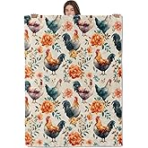 AHUCIZ Country Chicken Blanket,Rooster and Bright Floral Fleece Blankets,Soft Decorative Throw for Bedroom,Farmhouse,Travel,Camping,Practical Throws Gifts for Adults Farm Animal Lovers,50X60 Inch