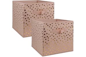 DII Non Woven Storage Collection Polka Dot Collapsible Bin Large Set, 13x13x13" Cube, Pink & Gold, 2 Piece