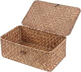 FEILANDUO Wicker Shelf Baskets with Lid Small Seagrass Storage Box Coffee