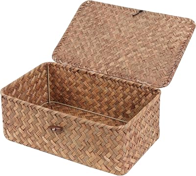 FEILANDUO Wicker Shelf Baskets with Lid Small Seagrass Storage Box Coffee