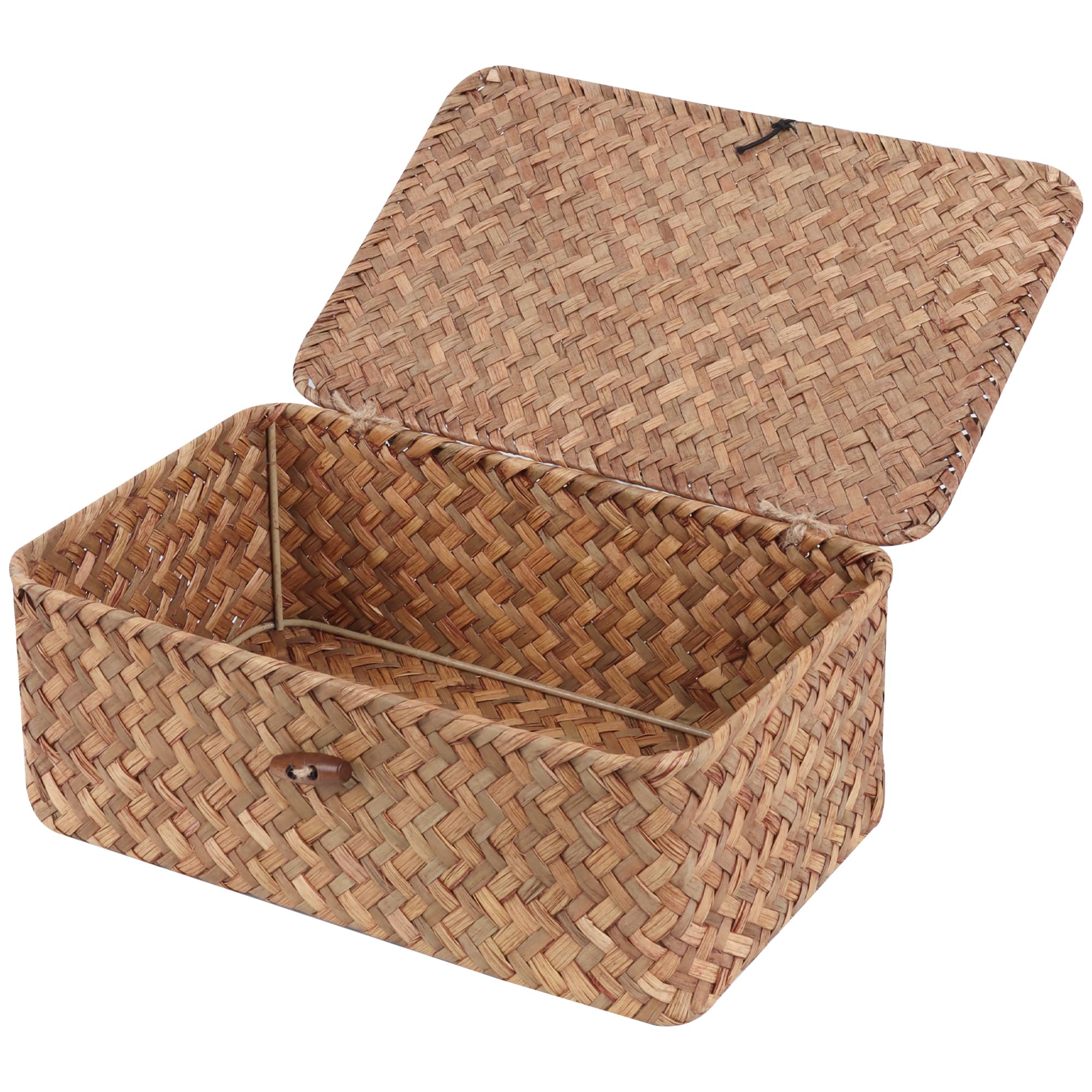 Photo 1 of FEIALNDUO Wicker Shelf Baskets with Lid,Seagrass Storage Basket Bins Rectangular Handwoven Basket Boxes for Shelves Desktop Home Organizer (Coffee, Small)