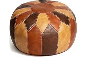 Thgonwid Unstuffed Moroccan Faux Leather Pouf Ottoman with Storage - Handmade Boho Chic Multi-Use Footrest for Living Room, Bedroom, Patio - Round Ethnic Floor Cushion & Decorative Accent, Tricolor