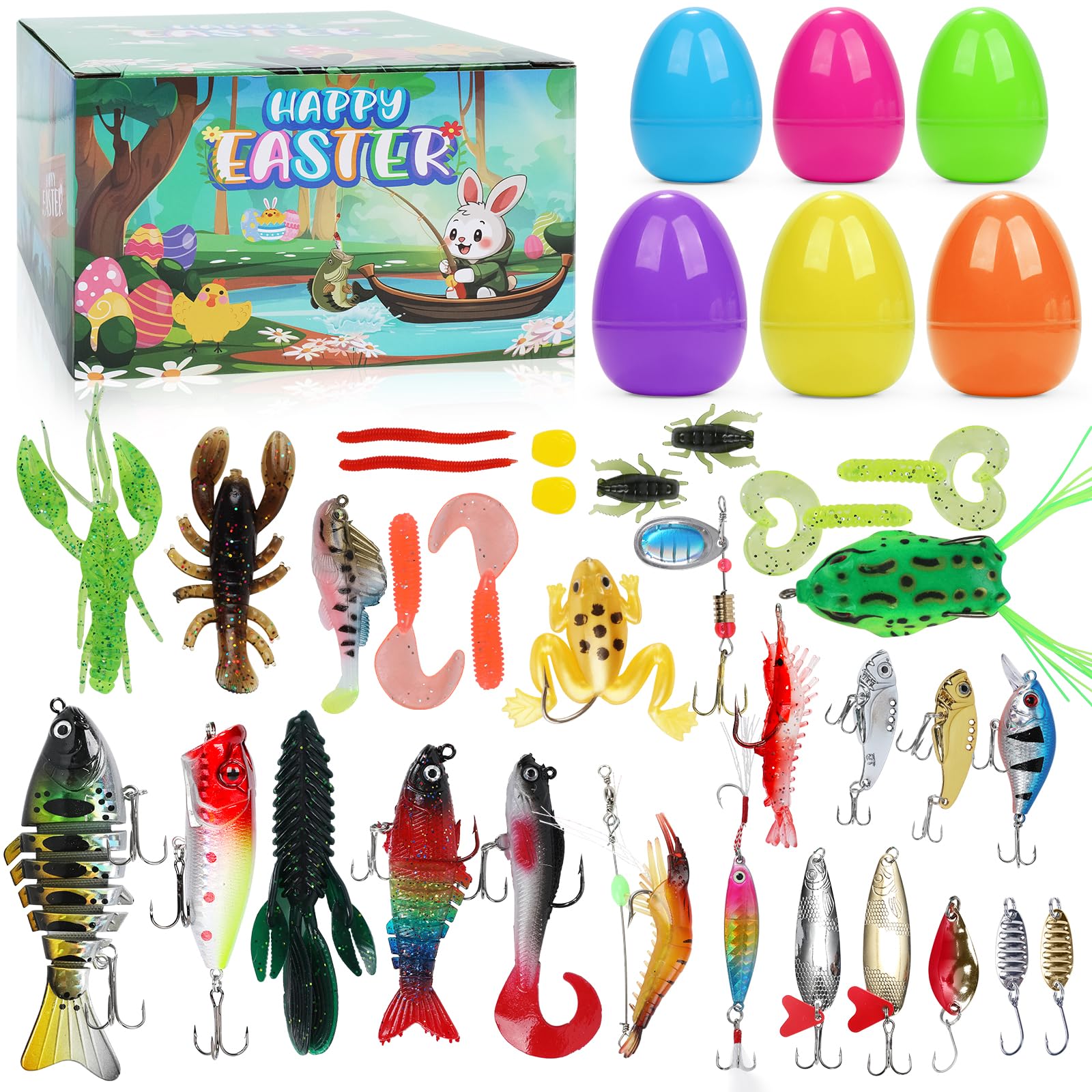 Care Royal Easter Basket Stuffers for Teens Adults Men Women - Easter Egg Fillers 32 PCS Fishing Lures with 24 PCS Plastic Easter Eggs, Filled Easter Eggs Stuffers Easter Gifts for Men Teens