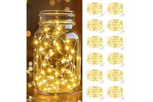 btfarm 12 Pack Fairy Lights Battery Operated, 7FT 20 LED Mini String Lights Waterproof Silver Wire for Mason Jars Centerpiece Table Crafts Bedroom Christmas Decoration, Warm White