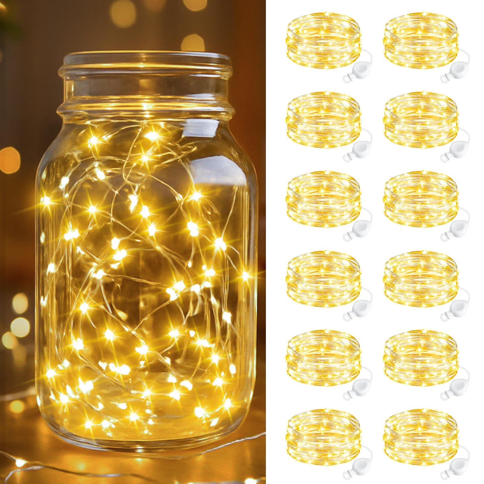 Photo 1 of btfarm 12 Pack Fairy Lights Battery Operated, 7FT 20 LED Mini String Lights Waterproof Silver Wire for Mason Jars Centerpiece Table Crafts Bedroom Christmas Decoration, Warm White