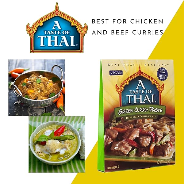 A TASTE OF THAI GREEN CURRY PASTE – AUTHENTIC & NATURAL READY-TO-USE THAI CURRY PASTE – VEGAN, GLUTEN‑FREE & NON‑GMO – SPICY, FRESH FLAVOR FOR CURRIES, STIR‑FRIES, SOUPS & DIPS – 1.75 OZ (PACK OF 6)