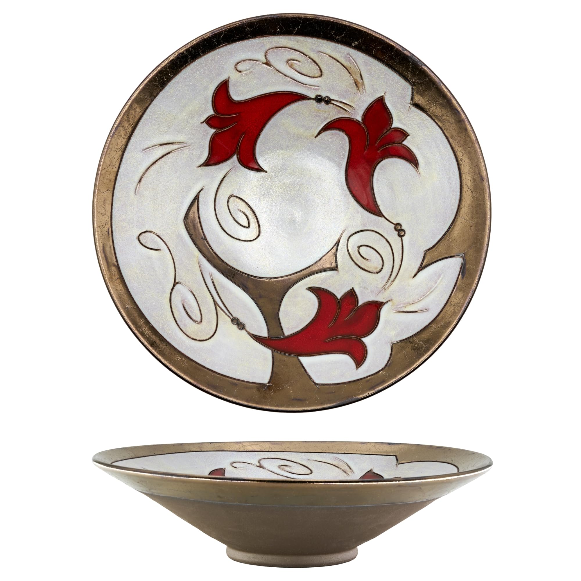 Handmade Ceramic Fruit Bowl – 25.5cm Wheel-Thrown Artisan Pottery, Hand-Glazed White, Gold and Red Decorative Bowl, Fruit Bowls for Table and Coffee Table Decor, Home Decor Gift – Model 2