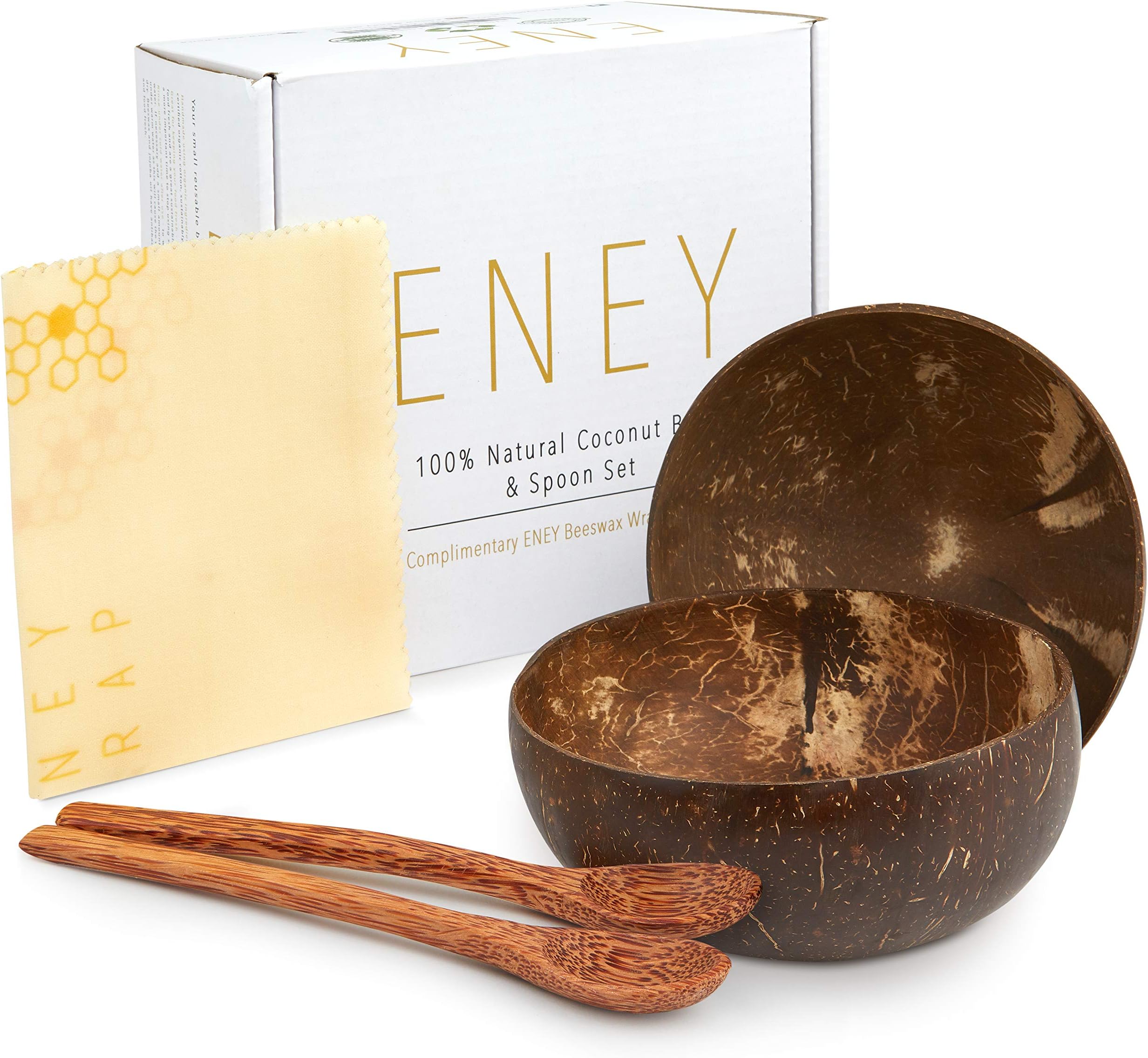 ENEY Sustainable Coconut Bowls and Beeswax Wrap | Two Natural Polished Wooden Coconut Bowls, Two Palm Wood Spoons and One Small Beeswax Wrap 8"x9" Inches | Eco-friendly Vegan Acai Smoothie Bowls
