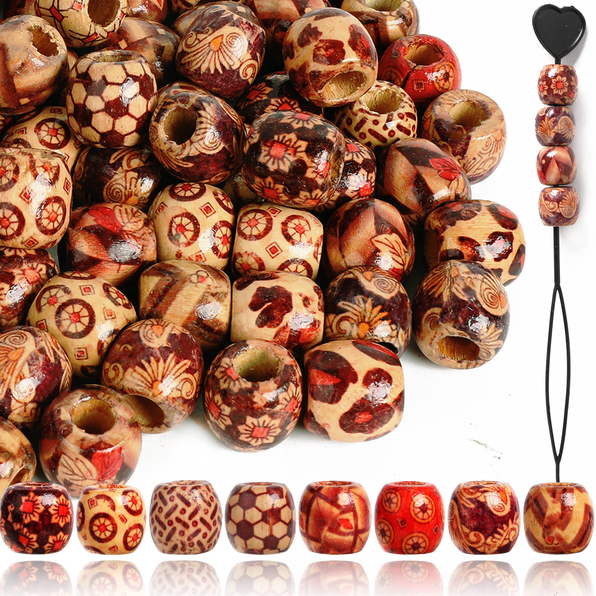 100pcs SOSMAR Round Wood Beads 16x17mm + Hair Braid Tool for Jewellery Making Macrame Projects DIY Necklace Bracelet Dreadlocks Hair Accessories — image 1