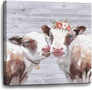 SOUGUAN Farmhouse Decor Wall Art for Living Room Farm Mural Canvas Painting Gray and White Cow Animal Prints Modern Home Decor Picture Mounted Mural Framed Artwork Ready to Hang 14 X 14 Inch