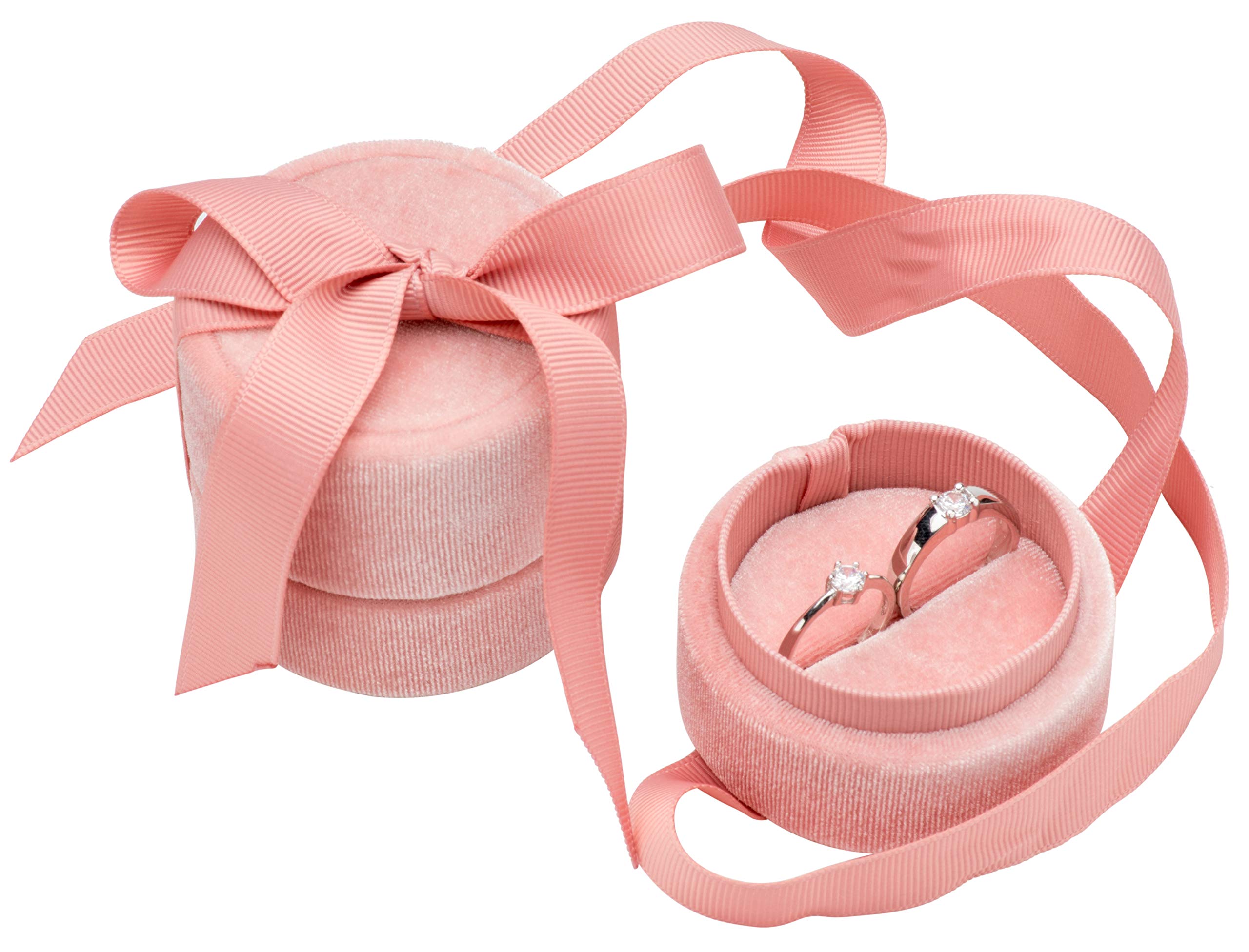 Velvet Double Premium Round Ring Bearer Box Elegant Silk Bow Jewelry Storage Organizer Gift (Pink)