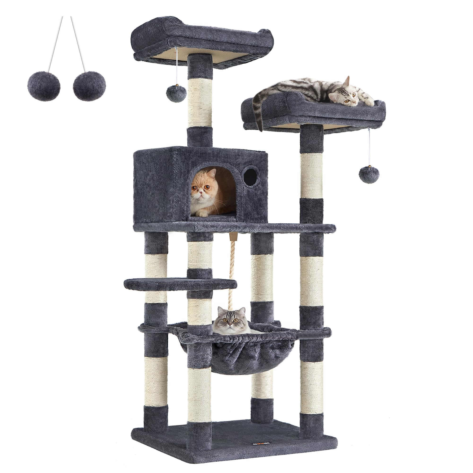FEANDREA Cat Tree, Stable Cat Tower, 2 Plush Perches, 143cm, Smoky Grey PCT15GYZ