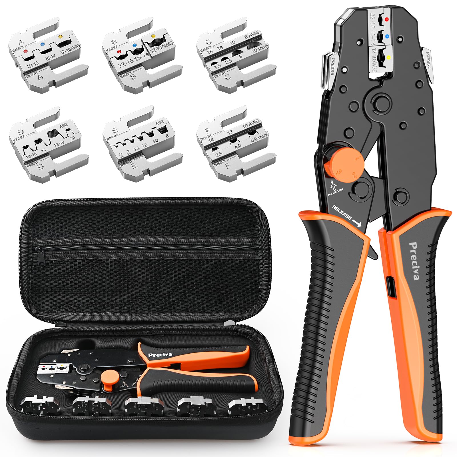 Preciva Crimping Tool Set,Ratchet Cable Plier Toolkit, Electrical Terminal Wire Crimper with 6 Heads for Quick Change, Heat Shrink/Insulated/Bare/Ferrules/Spade Crimp/Solar Energy Terminals