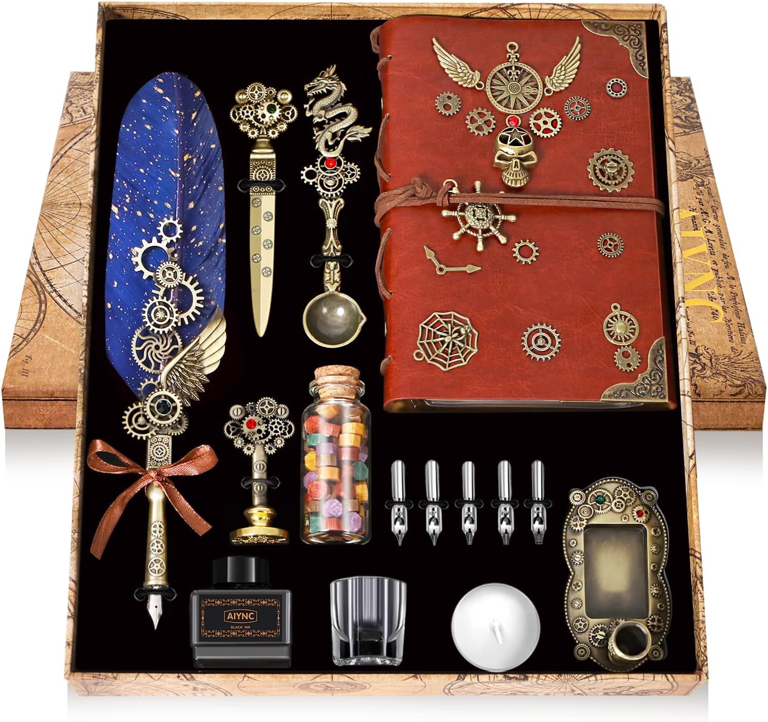 Oauir Gusix Quill Pen and Ink Set With Notebook, 5 Replaceable Nibs, Seal Stamp, Spoon, Wax Beads, White Wax, Pen Holder, Cup, Envelope, Letter Paper, Envelope Tool (Blue)