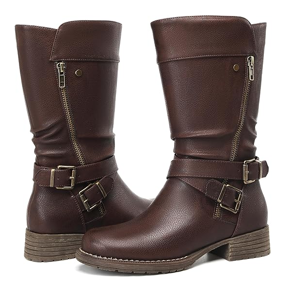 DECARSDZ WOMEN’S MID-CALF BOOTS FALL LOW HEEL FASHION LADIES COMBAT MOTORCYCLE BOOTS