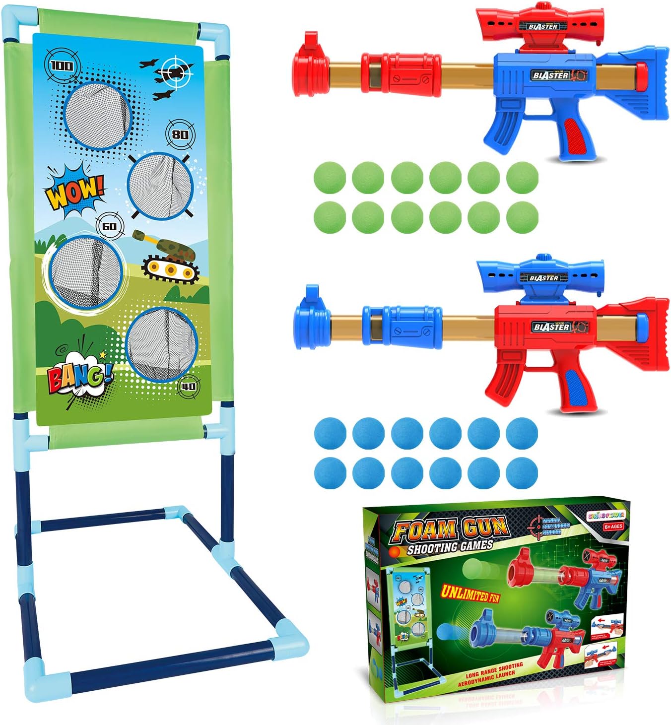 Shooting Game Toy for 5 6 7 8 9 10+ Years Olds Boys and Girls,2pk Foam Ball Popper Air Toy Guns with Standing Shooting Target, 24 Foam Balls, Indoor Activity Game for Kids, Compatible with Nerf Toys: Toys & Games