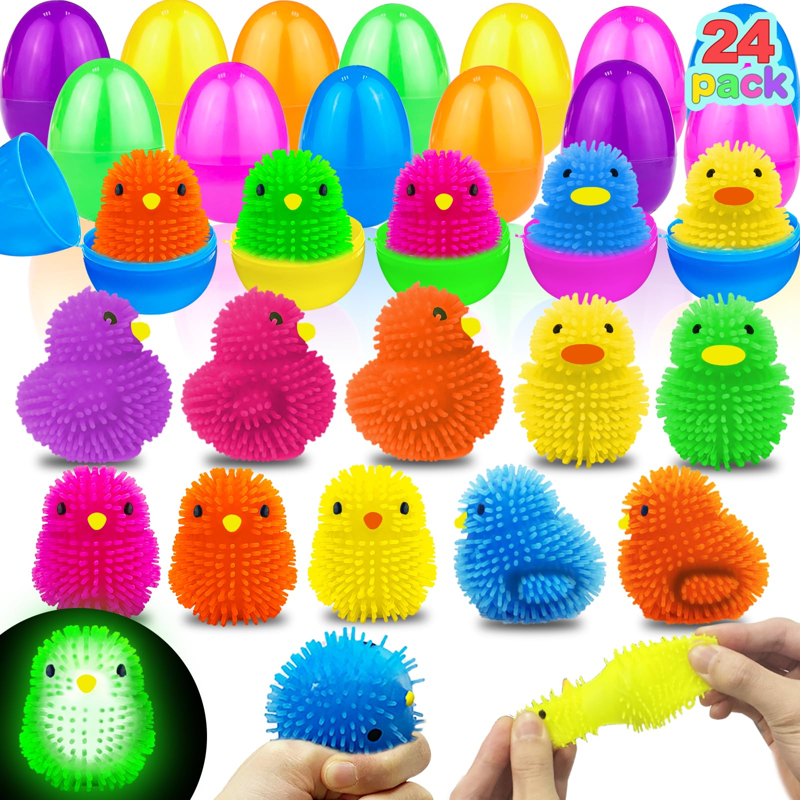 AMENON 24 Pack Prefilled Easter Egg with Toys Fillers , Light Up Chick Duck Puffer Balls Easter Basket Stuffers Squeeze Sensory Stress Relief Fidget Easter Egg Hunt Party Favors Gifts Kids Boys Girls