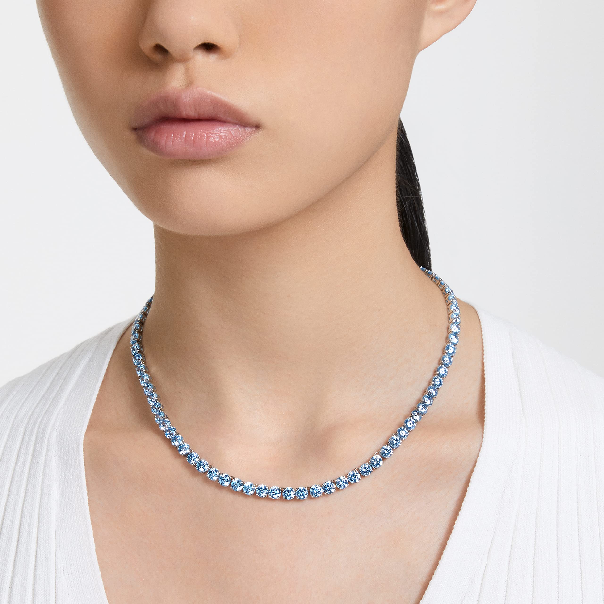 Swarovski Matrix Tennis Necklace with Bright Blue Crystals on a Rhodium Finished Setting
