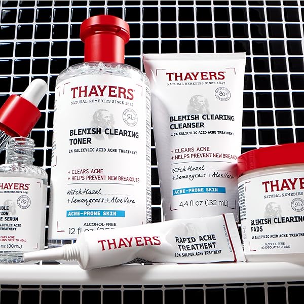 THAYERS BLEMISH CLEARING ACNE PADS, SALICYLIC ACID ACNE TREATMENT FOR FACE, PORE REDUCING, EXFOLIATING, AND SOOTHING SKINCARE, WITCH HAZEL TONER PADS, 60 CT
