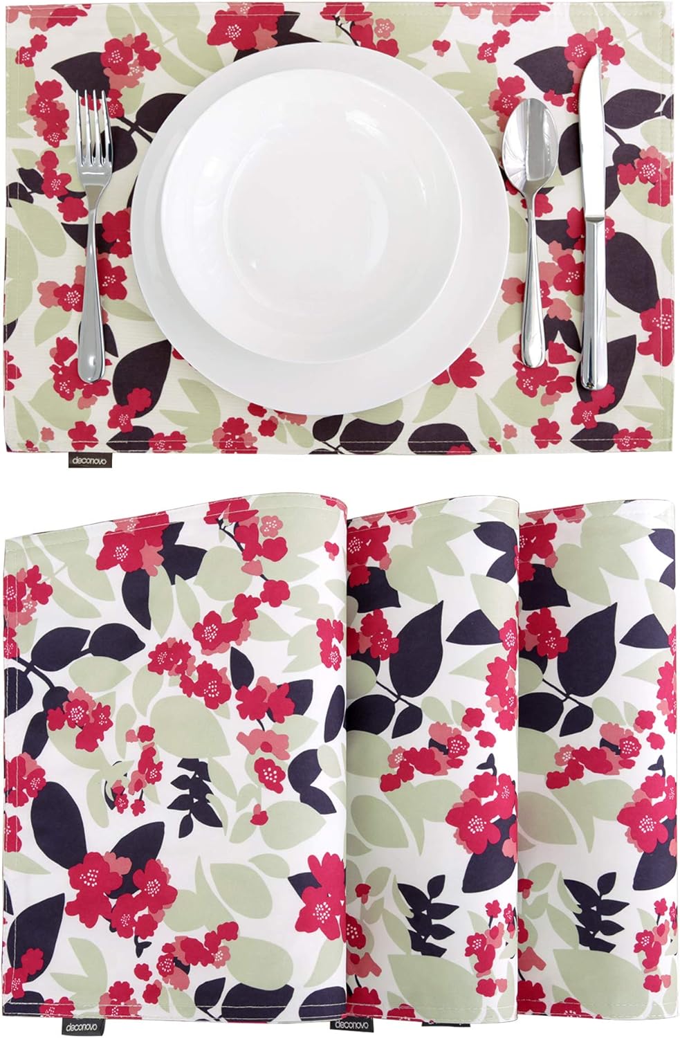 Deconovo Designer Series Water Resistant White Back Rectangle Placemats with Bright Rose Blossoms of Flowers Place Mats 12W x 18L Inch for Kitchen Dining Barbecue 4 Pieces Decoration: Kitchen & Dining