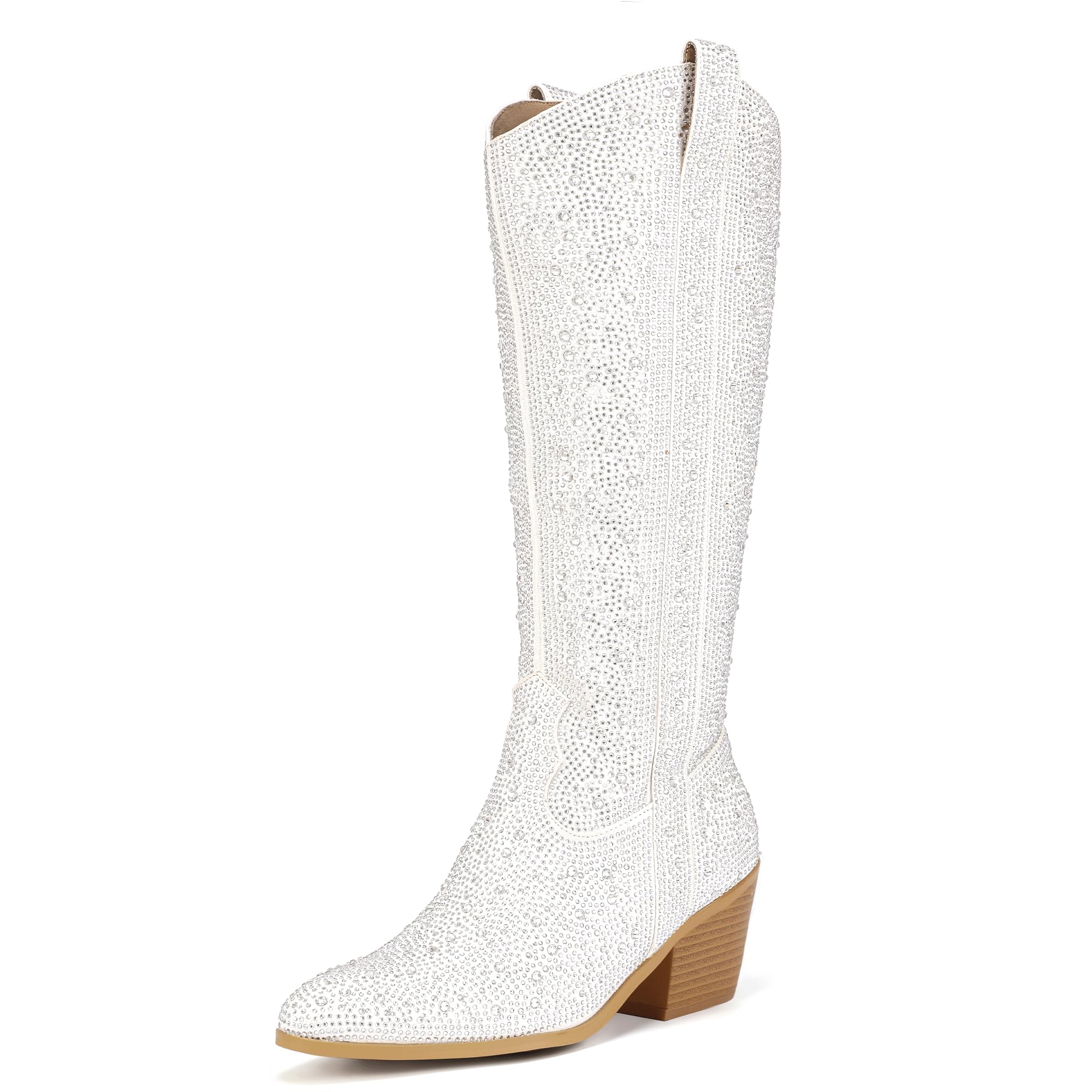 Photo 1 of IDIFU IN3 Rhinestone Cowboy Boots For Women Knee High Western Cowgirl Boots Pointed Toe Block Chunky Heels Sparkly Glitter Long Tall Dress Booties Party Bling Shiny Boots(White Rhinestone, 8.5)