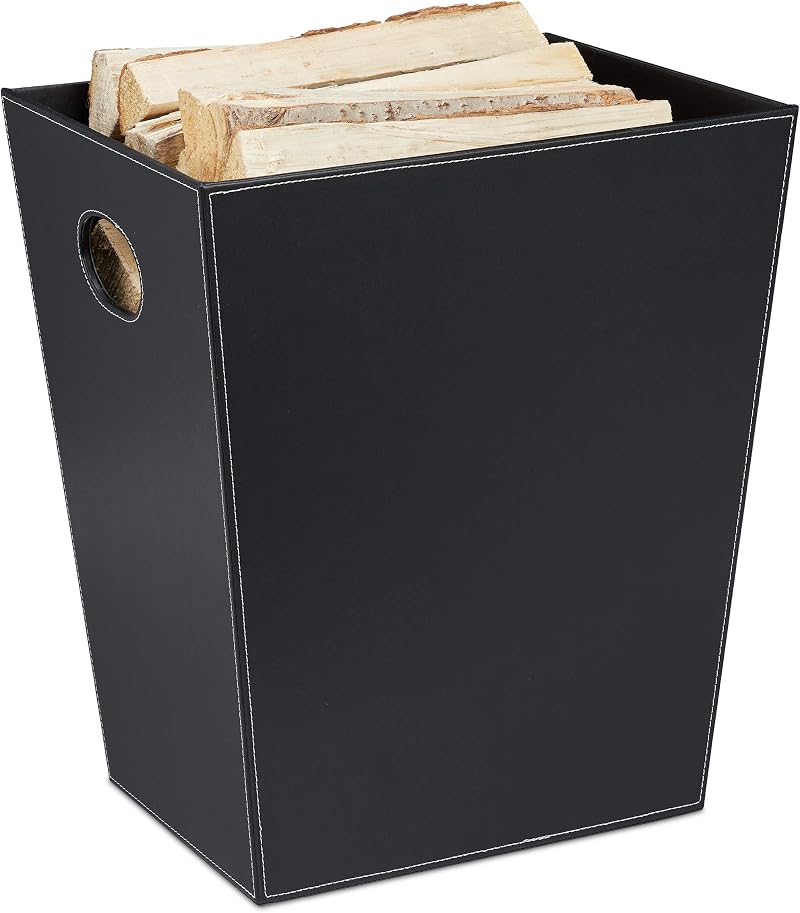 Relaxdays Log Basket Firewood Storage Bin Imitation Leather Black Carry Handle