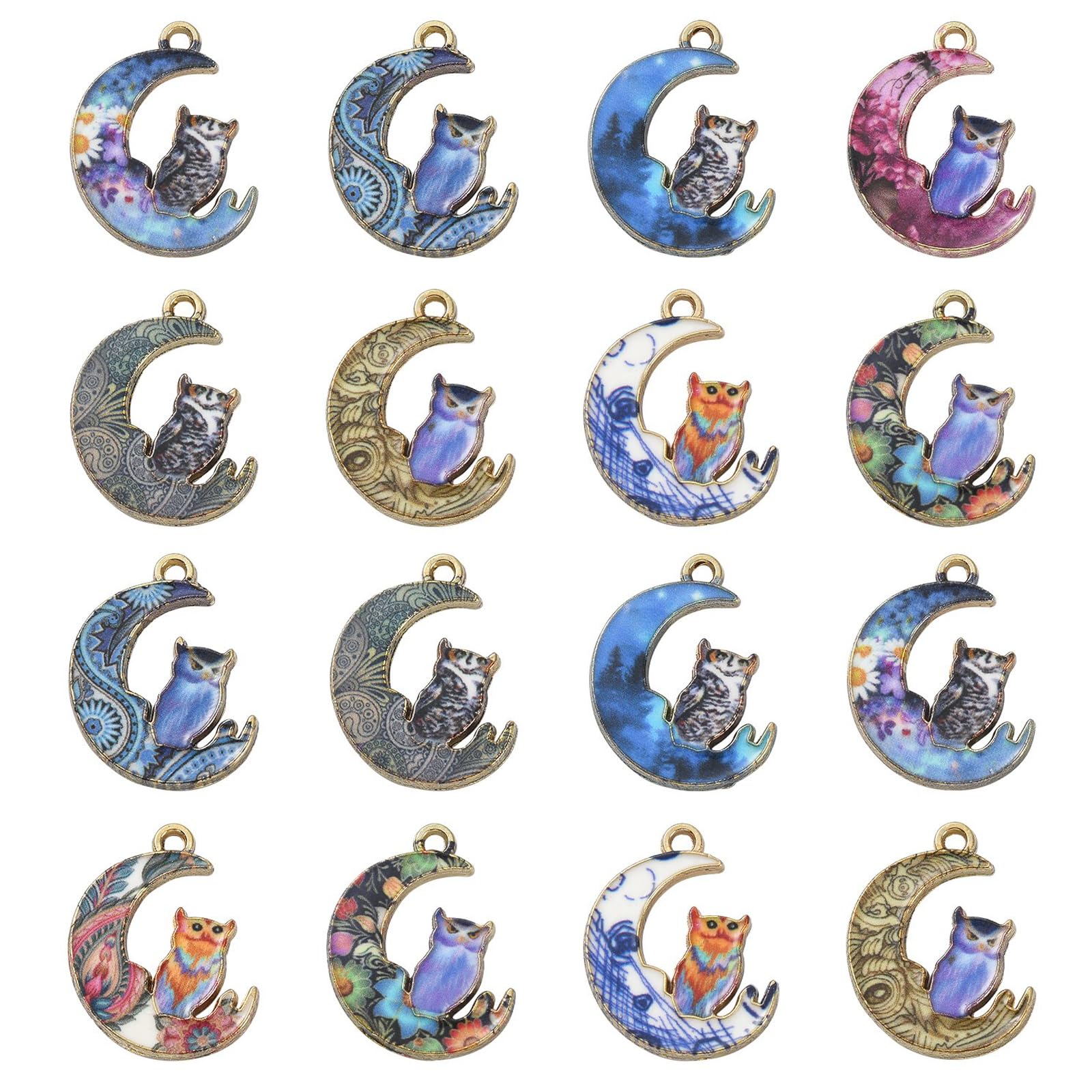 Stiesy 27Pcs 9 Styles Enamel Owl with Moon Charms Pendants Crescent Owl Printed Charms Animal Dangle Charms for Jewellry Making DIY Crafts