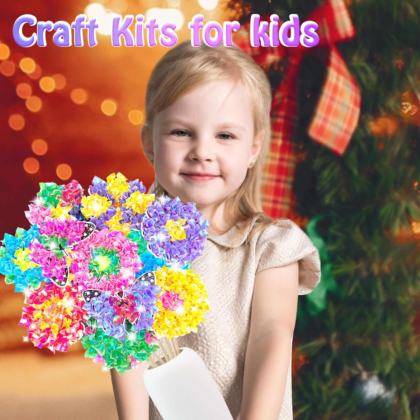Poke Art Bastelset Kinder ab 4 Jahre,DIY-Einschulung Geschenke für Mädchen Spielzeug 5-12Jahre Kindergeburtstag Kunstblumenstrauß Blumen Bastelkoffer Blumenstrauß mit Pailletten Kreativ Set für Kinder 6