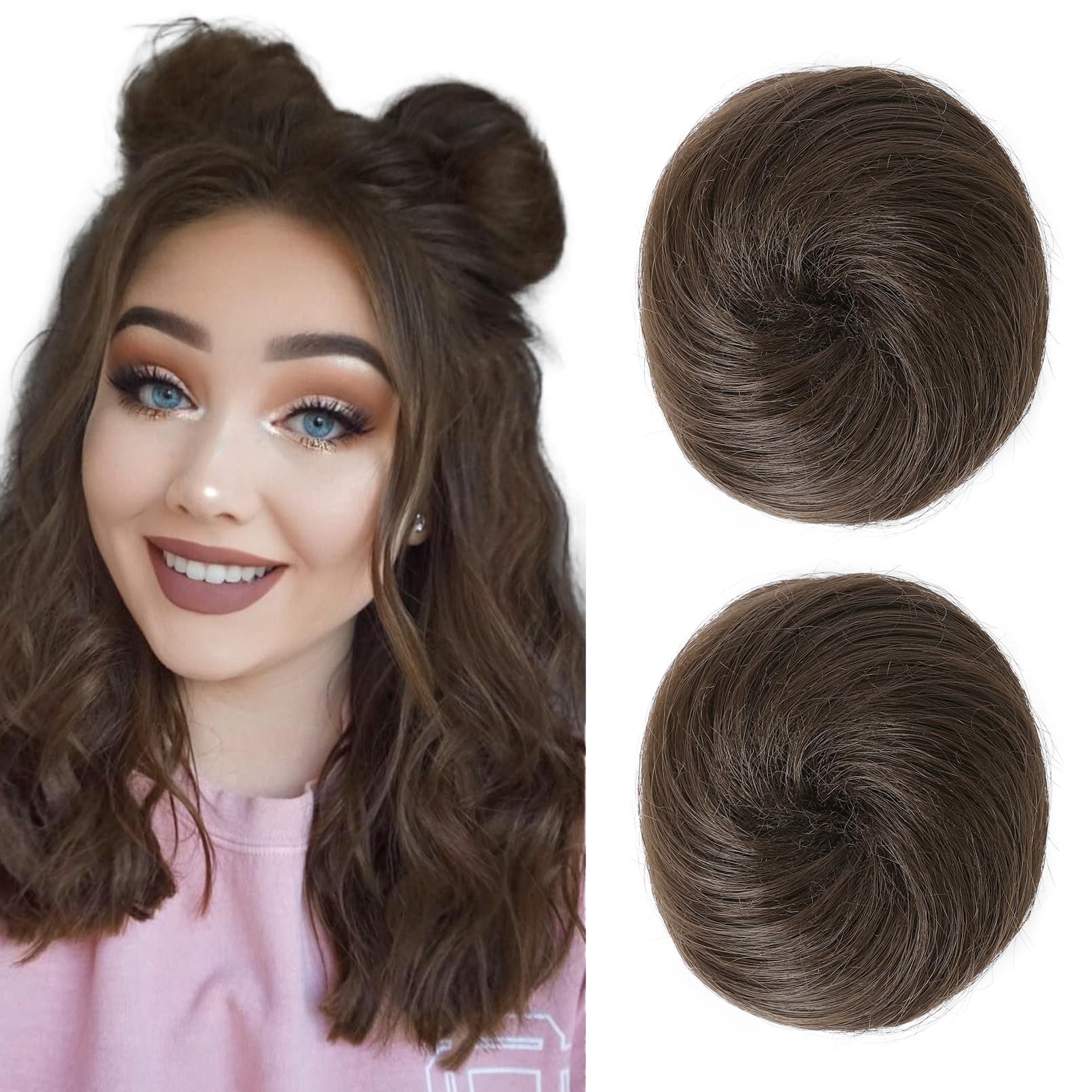 REECHO 2 PCS Mini Claw Clip in Messy & Cat Ears Hair Bun Extensions Wig Accessory Updo Hairpieces for Women Girls (Pack of 2-3" Straight, Medium Ash Brown)