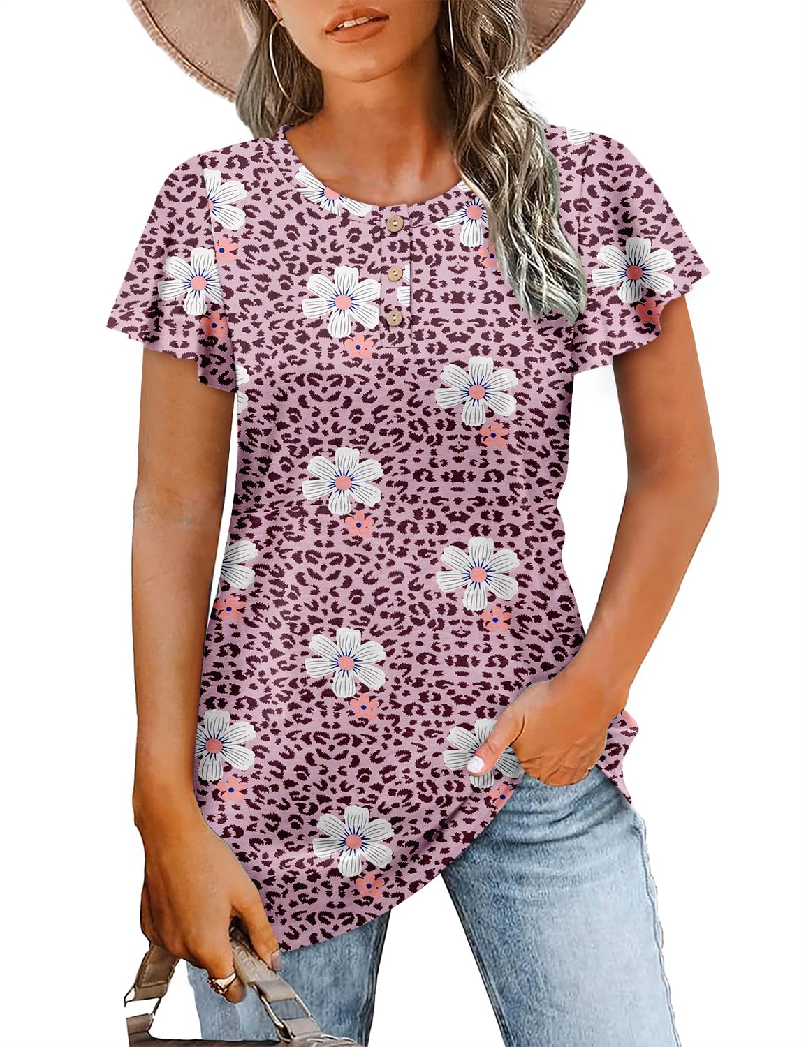 Photo 1 of CRAZY GRID Womens Short Sleeve Blouses Henley Summer T Shirts Dressy Casual Tops Button Down Trendy Tunic Ladies Loose Tshirts Printed Floral Powder Pattern S