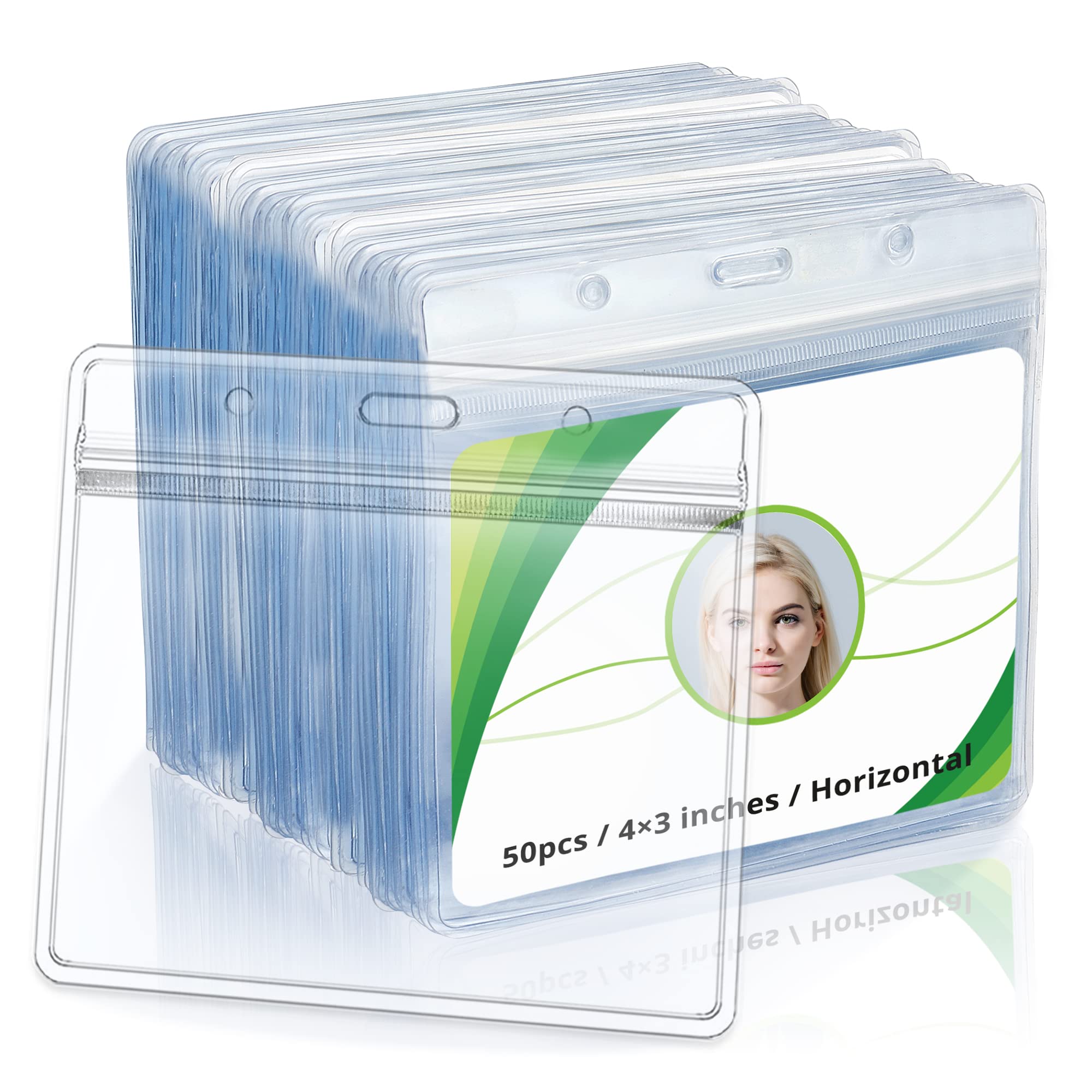 Photo 1 of 4x3 Inches Horizontal Badge Holder, Clear ID Card Holder with Waterproof Resealable Zip Type Protector
