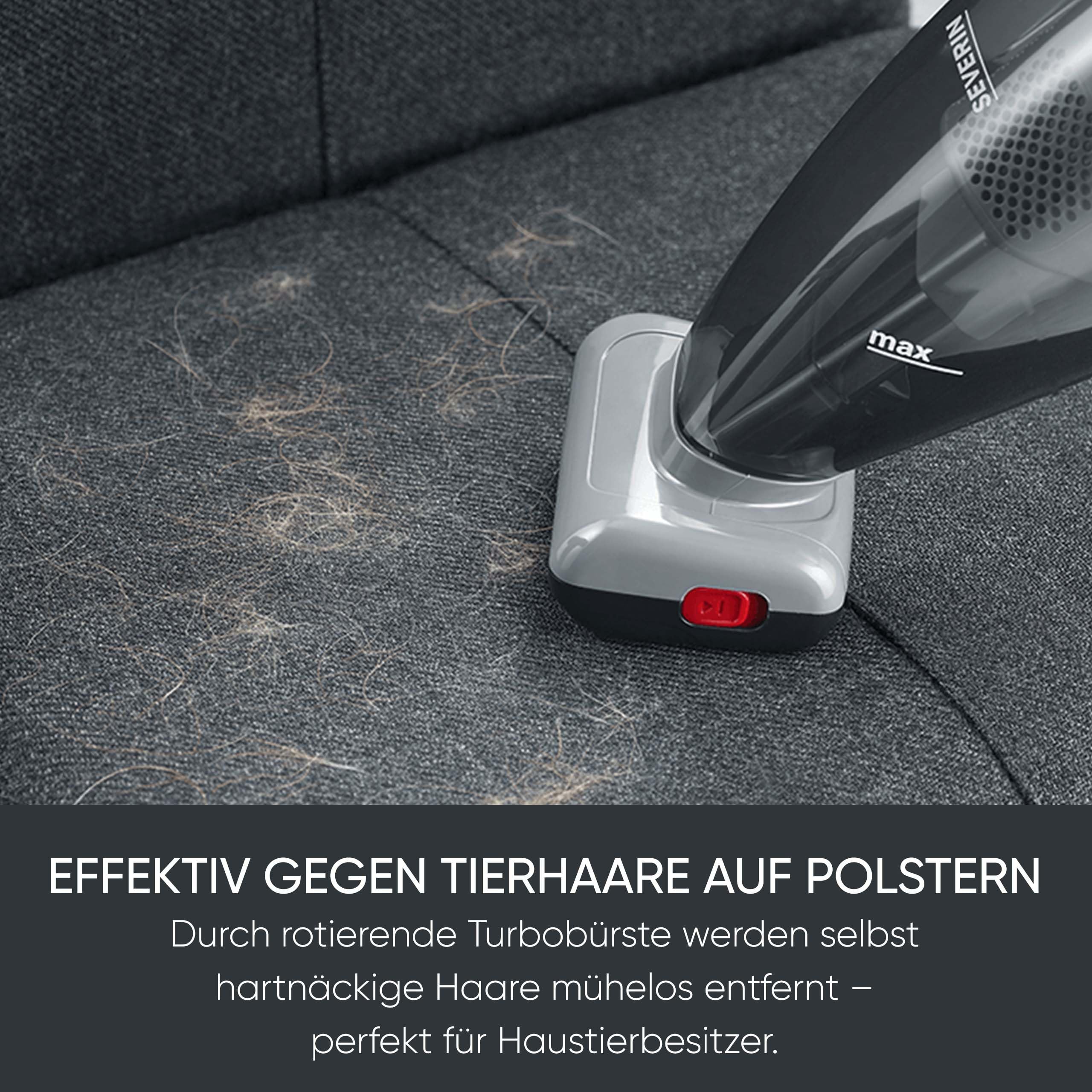 Severin 4-in-1 Akku-Handstaubsauger, kabelloser Nass- & Trockensauger für Autositze, Handsauger für Tierhaare & Flüssigkeiten, bis zu 30 Min Laufzeit im Eco-Mode, weiß-graurot, HV 7146 9