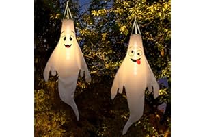 BTANADI Halloween Ghost Decorations Outdoor: with Timer, 2 Pcs Cute Hanging Ghost for Tree Porch Garden Yard, Waterproof LED Ghost Halloween Decor
