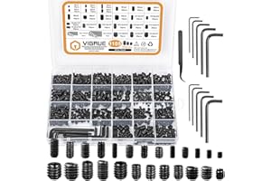 VIGRUE 1105PCS 25 Sizes Metric & SAE Set Screw Assortment Kit Internal Hex Drive Allen Grub Screws Set Cup-Point Alloy Steel,