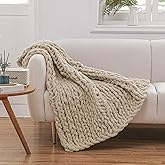 WESHIONGOO Chunky Knit Blanket Throw 40"×40" Knitted Throw Blankets for Couch Bed Fluffy Soft Blanket with Jumbo Chenille Yarn Thick 100% Handmade (Linen)